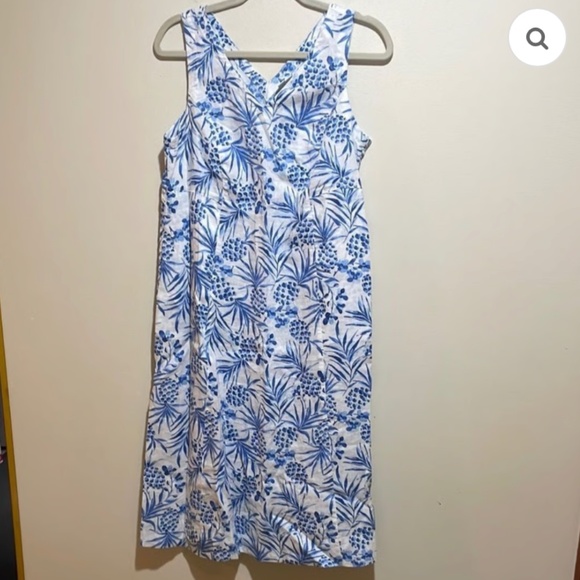 J. Jill Love Linen Pineapple Palm White Blue Midi Dress - Picture 5 of 7